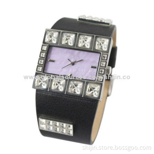 Stainless Steel Watch with Genuine Leather Band and Crystal for Ladies, Elegant and Classic, Quartz